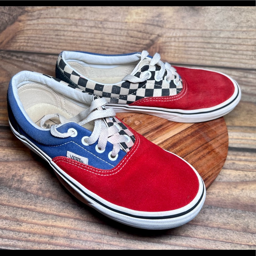 Boys Vans, red, blue, black and white